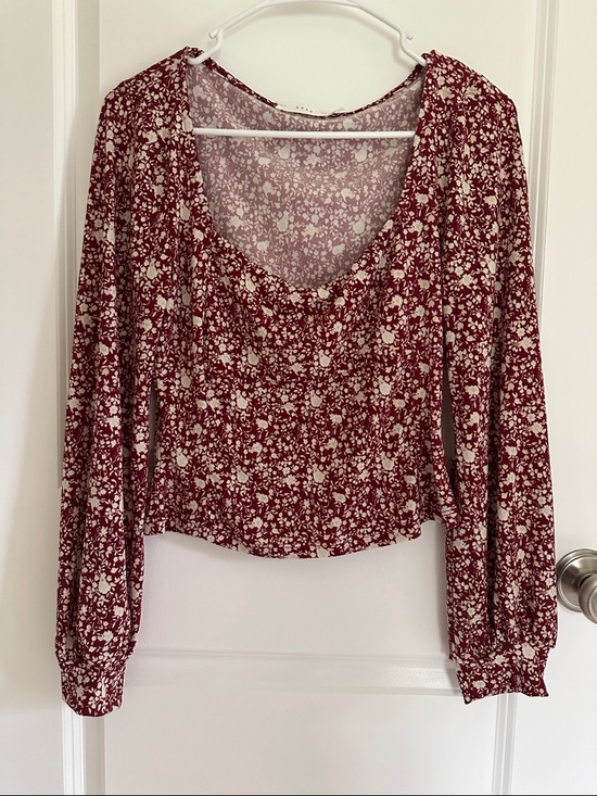 Lush Tops - Lush Burgundy Floral Scoop-Neck Long Sleeve Top